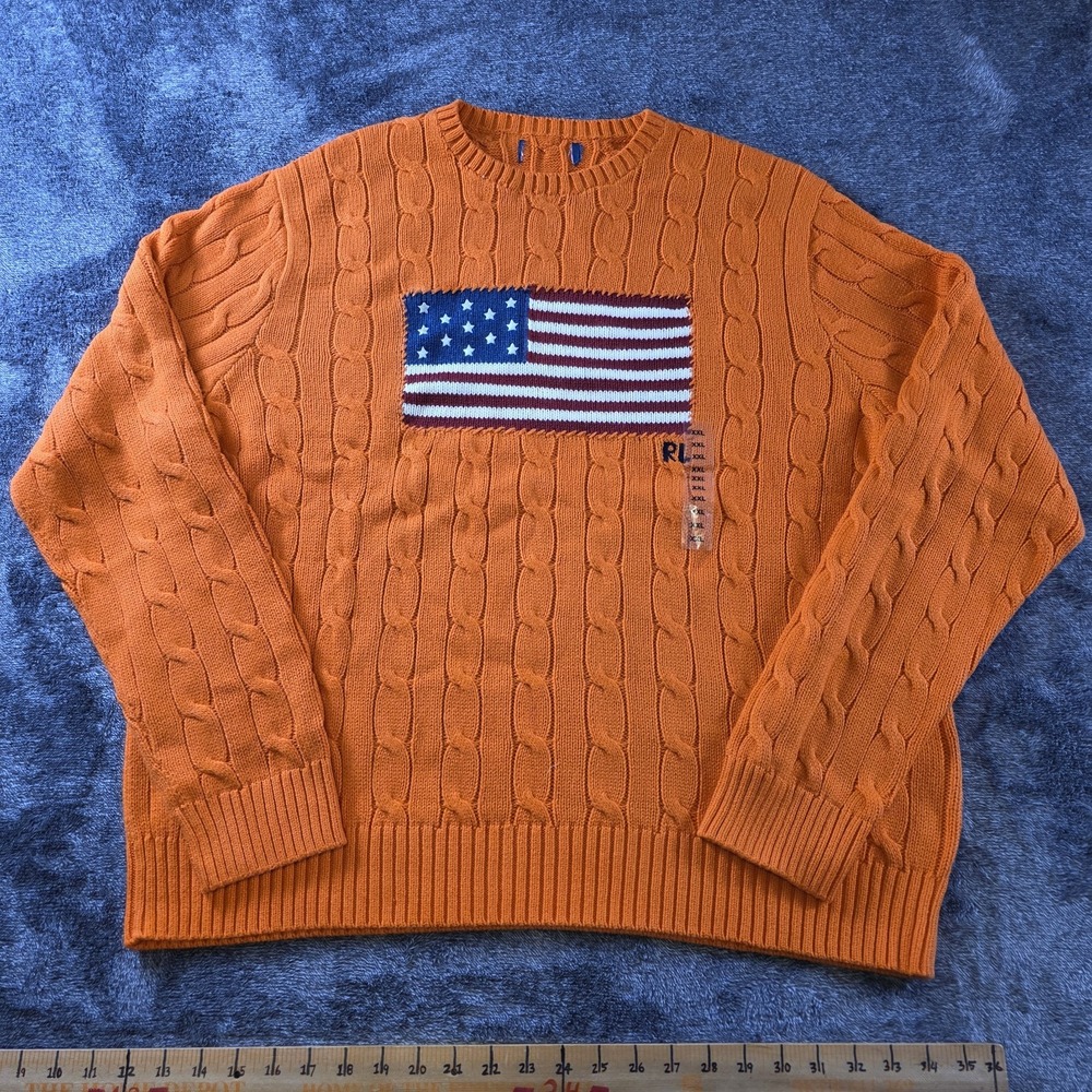 Polo Ralph Lauren Cable Knit Iconic USA Flag Sweater Mens XXL Orange Patriotic